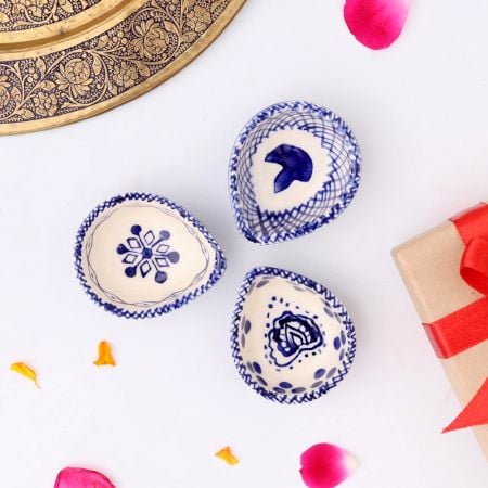 Designer Blue and White Ceramic Diwali Diya For Festival Decoration-Pack of 3