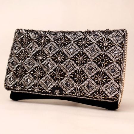 Noir Royale Hand-Beaded Clutch with Ornate Metallic Embroidery