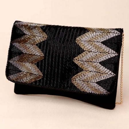 Midnight Chevron Luxe Hand-Beaded Clutch with Chain Strap