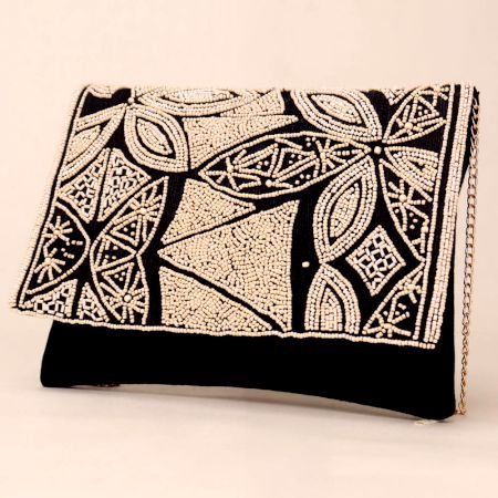 Tribal Mosaic Beaded Clutch with Elegant Chain Strap