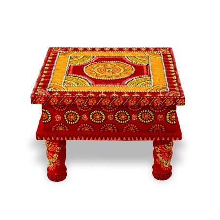 Handicraft Wooden Chourang Pooja Chowki Red and Yellow