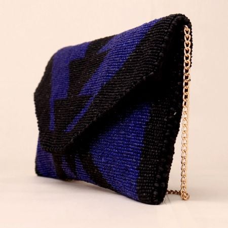 Midnight Geo Luxe Hand-Beaded Clutch with Chain Strap