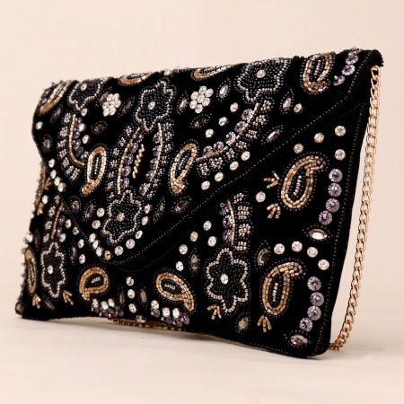 Midnight Paisley Beaded Velvet Clutch with Gold Chain Strap