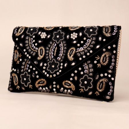 Midnight Paisley Beaded Velvet Clutch with Gold Chain Strap