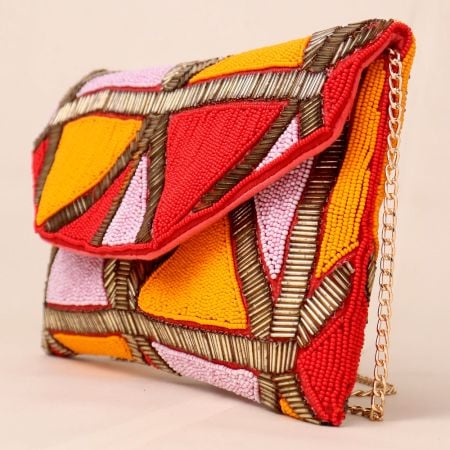Sunburst Mosaic Hand-Beaded Envelope Clutch with Chain Strap
