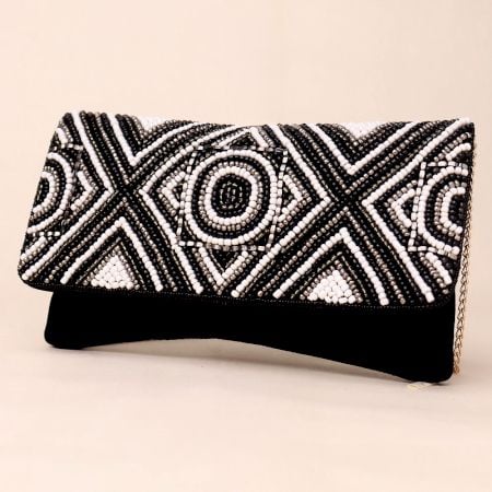 Midnight Monochrome Hand-Beaded Geometric Clutch with Chain Strap