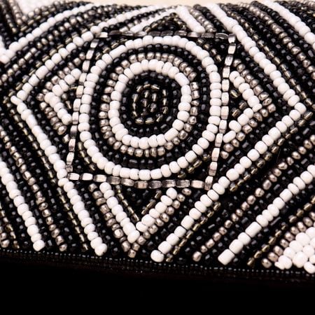 Midnight Monochrome Hand-Beaded Geometric Clutch with Chain Strap