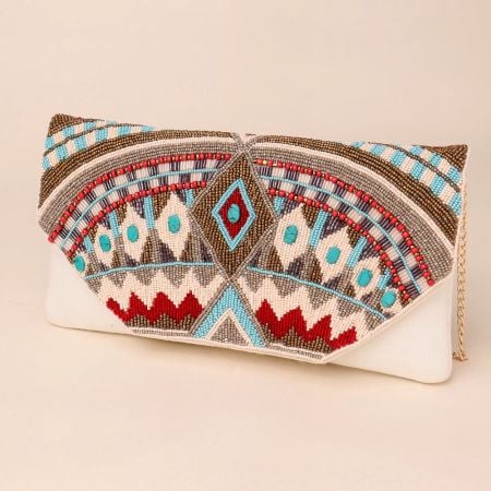 Boho Radiance Hand-Beaded Clutch with Tribal Motif and Chain Strap