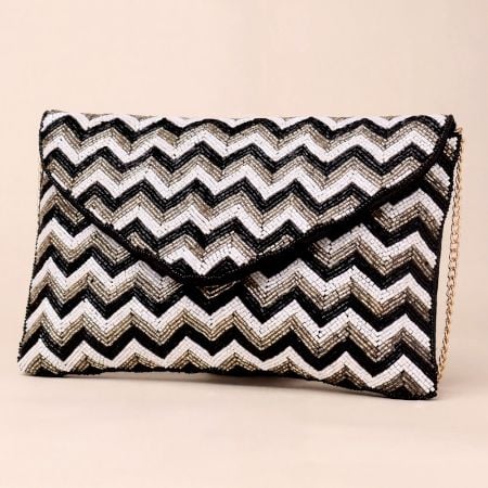 Chevron Chic Hand-Beaded Clutch with Detachable Chain Strap