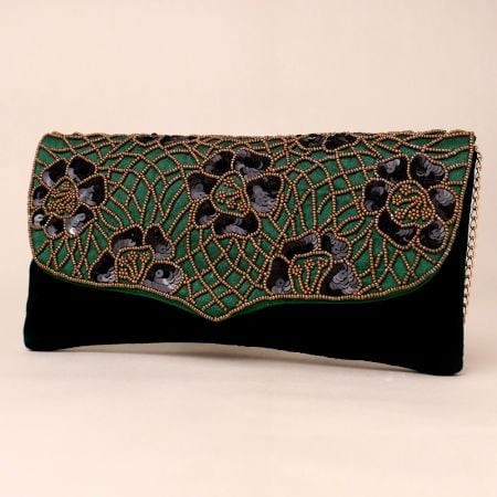 Royal Garden Hand-Beaded Velvet Clutch with Chain Strap