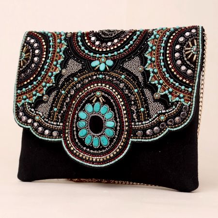 Majestic Medallion Hand-Beaded Clutch with Gold Chain Strap