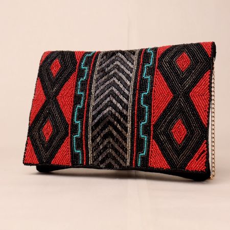 Tribal Rhythm Hand-Beaded Statement Clutch with Gold Chain Strap