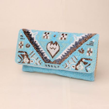 Boho Spirit Hand-Beaded Clutch with Tribal Motifs and Chain Strap