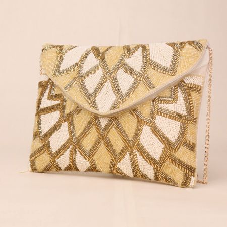 Golden Gleam Hand-Beaded Envelope Clutch with Chain Strap