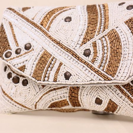 Golden Hand-Beaded Envelope Clutch with Chain Strap