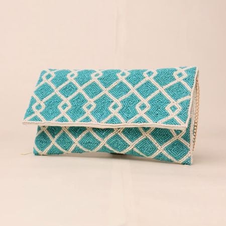 Celestial Grid Hand-Beaded Clutch with Detachable Chain Strap