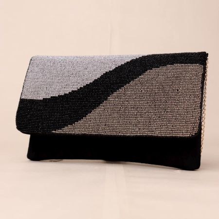 Midnight Rhythm Beaded Clutch with Detachable Chain Strap