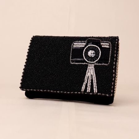 Glamour Lens Beaded Clutch with Camera Motif and Chain Strap