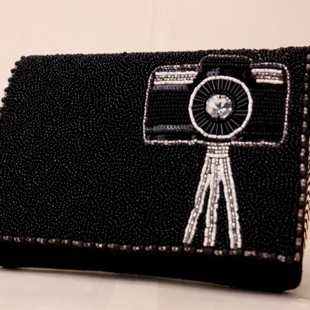 Glamour Lens Beaded Clutch with Camera Motif and Chain Strap