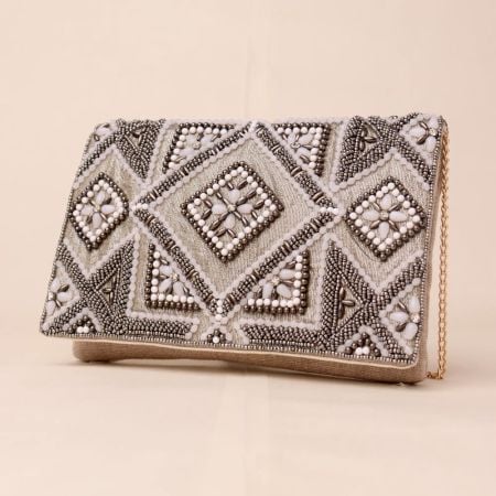 Imperial Gleam Hand-Embroidered Clutch with Chain Strap