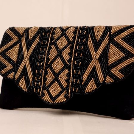 Midnight Muse Beaded Clutch with Scalloped Flap and Chain Strap