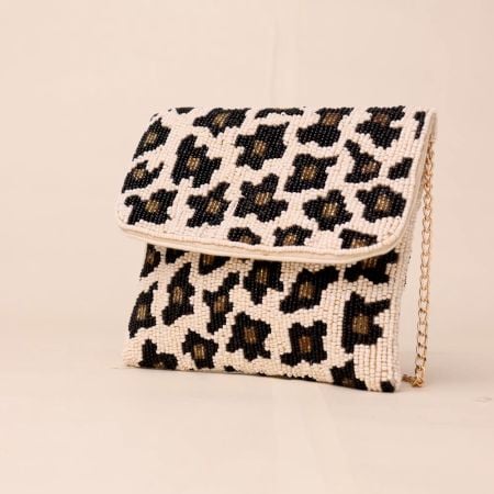 Wild Luxe Hand-Beaded Leopard Print Clutch with Gold Chain Strap