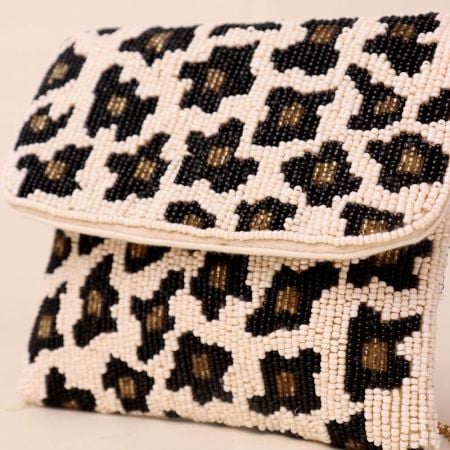 Wild Luxe Hand-Beaded Leopard Print Clutch with Gold Chain Strap