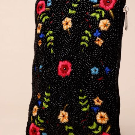 Midnight Bloom Hand-Beaded Floral Clutch with Detachable Chain Strap
