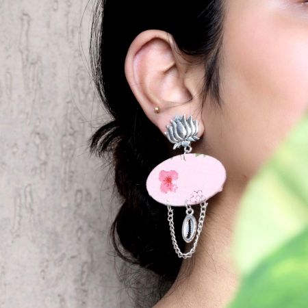 Lotus Floral Printed With Silver Chain Earrings For Women
