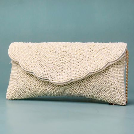 Celeste Wave Ivory Beaded Clutch with Chain Strap