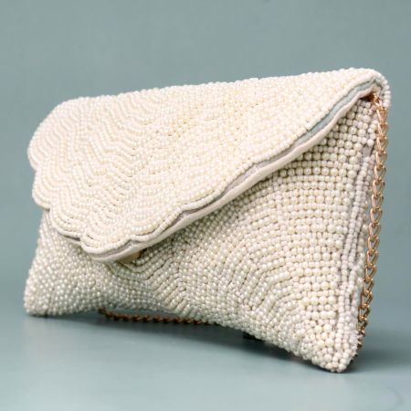 Celeste Wave Ivory Beaded Clutch with Chain Strap