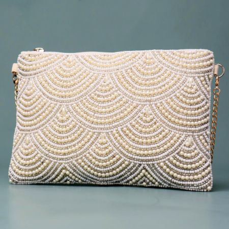 Ivory Cascade Pearl Embellished Clutch with Detachable Chain Strap