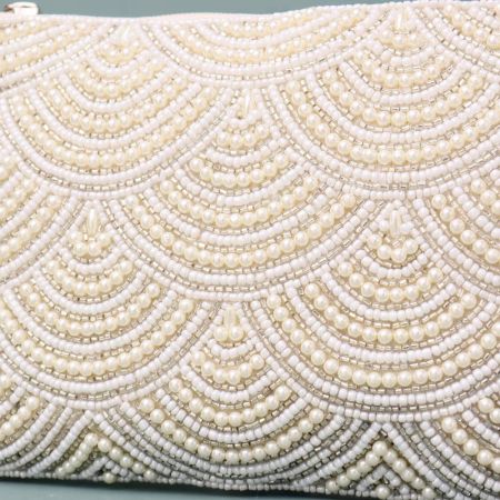 Ivory Cascade Pearl Embellished Clutch with Detachable Chain Strap