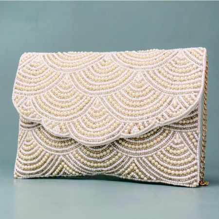 Ivory Gleam Scalloped Pearl Clutch with Elegant Chain Strap