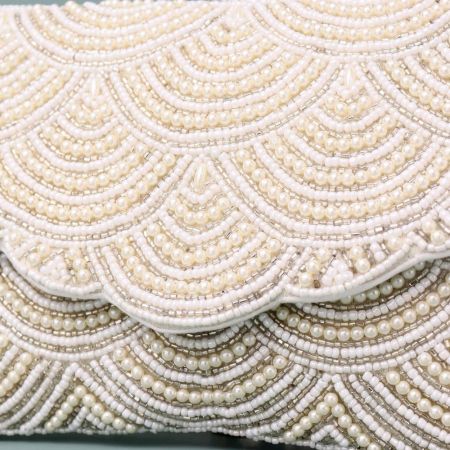 Ivory Gleam Scalloped Pearl Clutch with Elegant Chain Strap