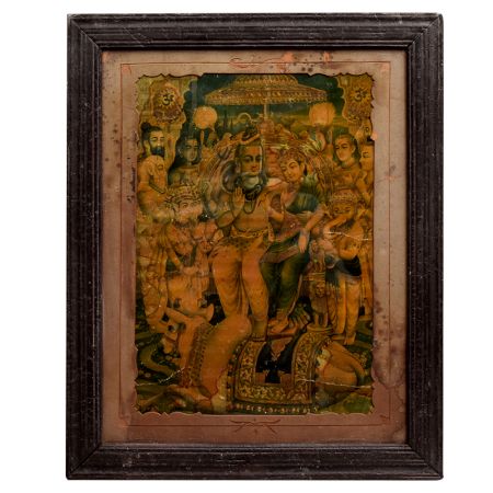 Print Of Lord Shiva Paravat On Bull In Original Wooden Frame