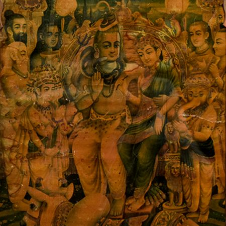 Print Of Lord Shiva Paravat On Bull In Original Wooden Frame