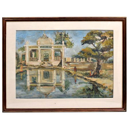 Painting Of Beautiful And Attractive Of Temple With Wooden Frame