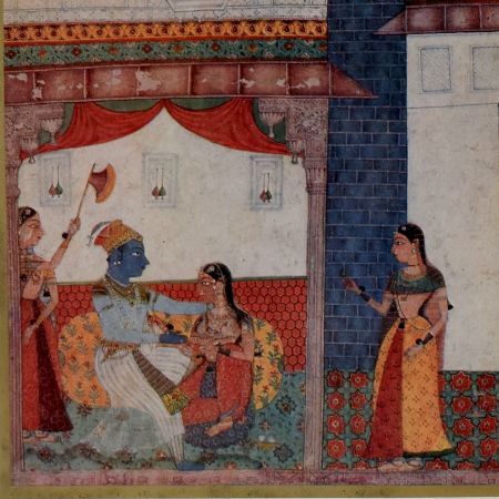 Samyoga Sringara Rajasthani Bundi School Krishna and Radha Framed Paper Print with Poem by Vidyapati