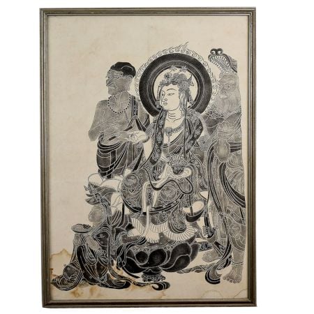 Charcoal Tibetan Art of Avalokiteshvara Bodhisattva with Attendant Figures
