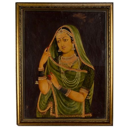 Traditional Indian Woman Portrait in Green Saree Canvas Oil Painting
