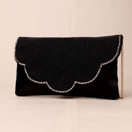 Midnight Allure Beaded Clutch with Rhinestone Trim and Chain Strap
