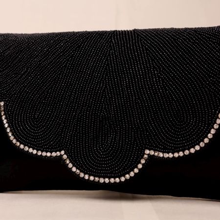 Midnight Allure Beaded Clutch with Rhinestone Trim and Chain Strap