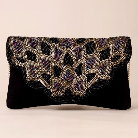 Handcrafted Black Beaded Clutch with Scallop Flap – Lotus-Inspired Party Sling Bag