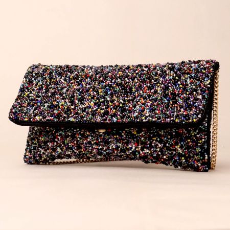 Handmade Multicolor Beaded Clutch Bag with Chain Strap – Statement Party Sling