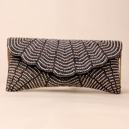 Chevron Beaded Scallop Flap Sling Bag – Handcrafted Statement Evening Clutch