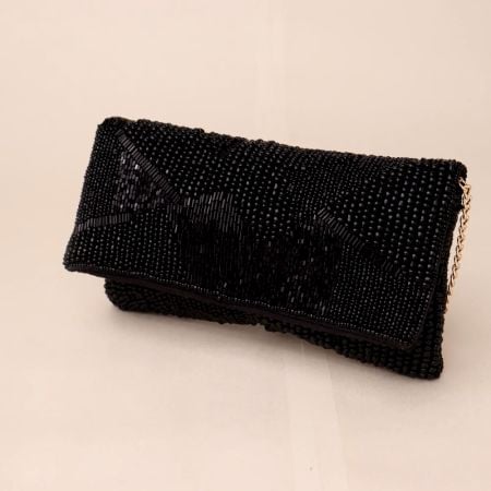 Black Beaded Evening Clutch – Handcrafted Party Sling Bag with Chain Strap