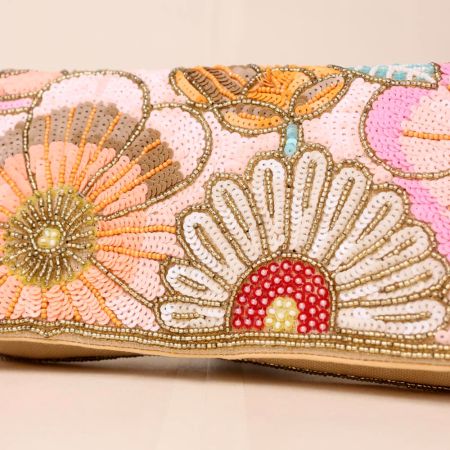 Pastel Beaded Floral Sling Bag – Hand-Embroidered Clutch with Chain Strap