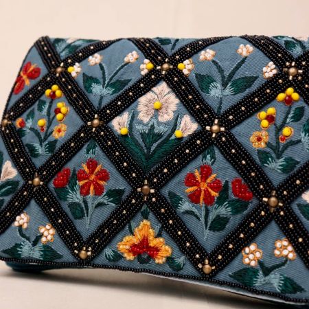 Hand-Embroidered Floral Sling Bag – Velvet Diamond Pattern Clutch with Chain Strap