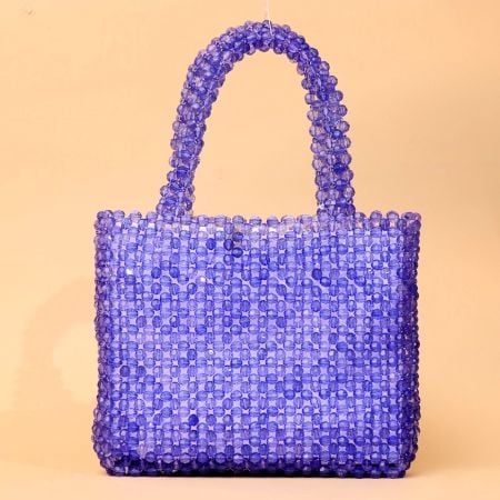 Handmade Blue Beaded Tote Bag – Stylish Transparent Bead Handbag for Women